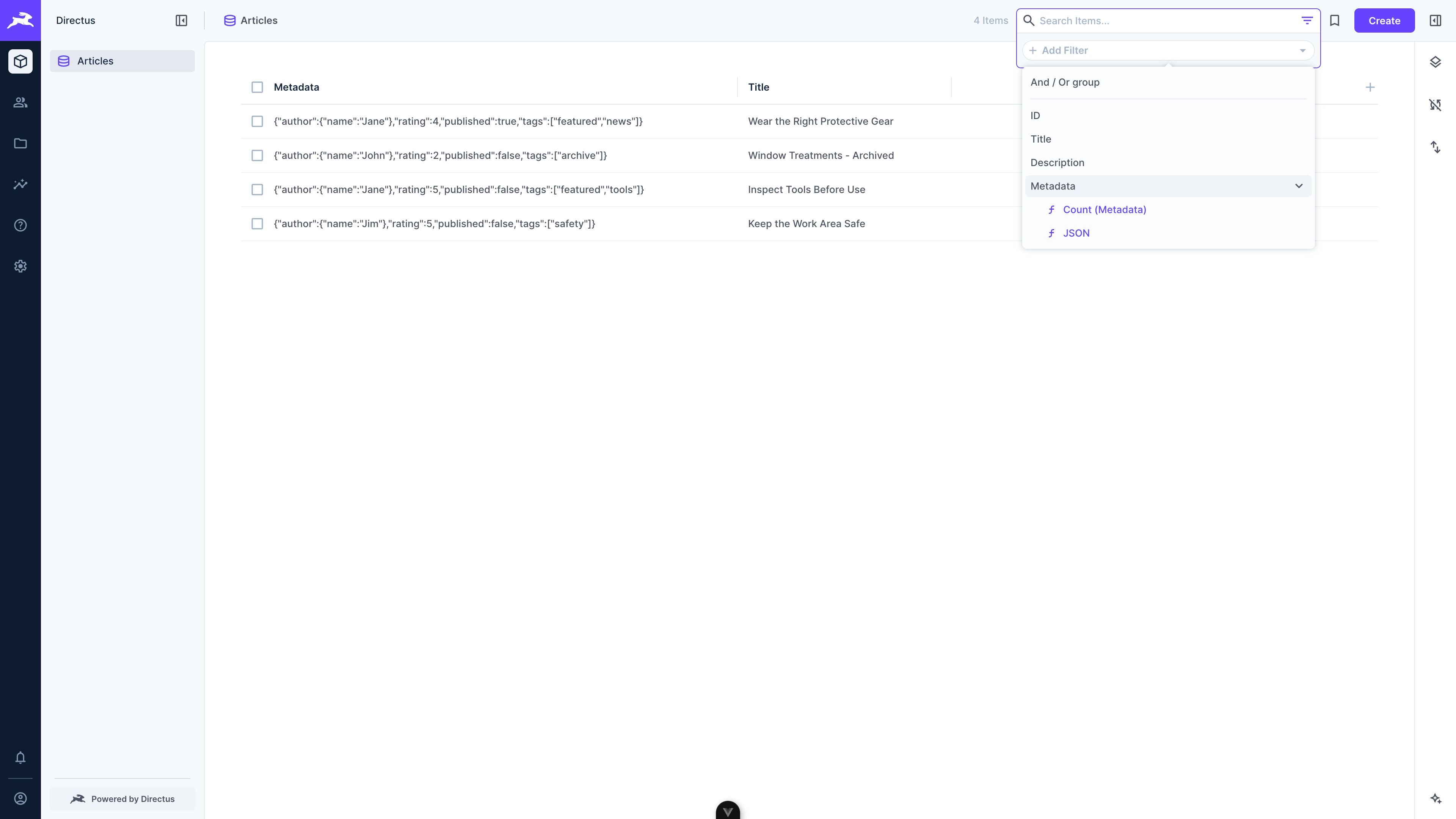 The filter popup open on a collection page, with the field list showing a JSON function entry under the Metadata field